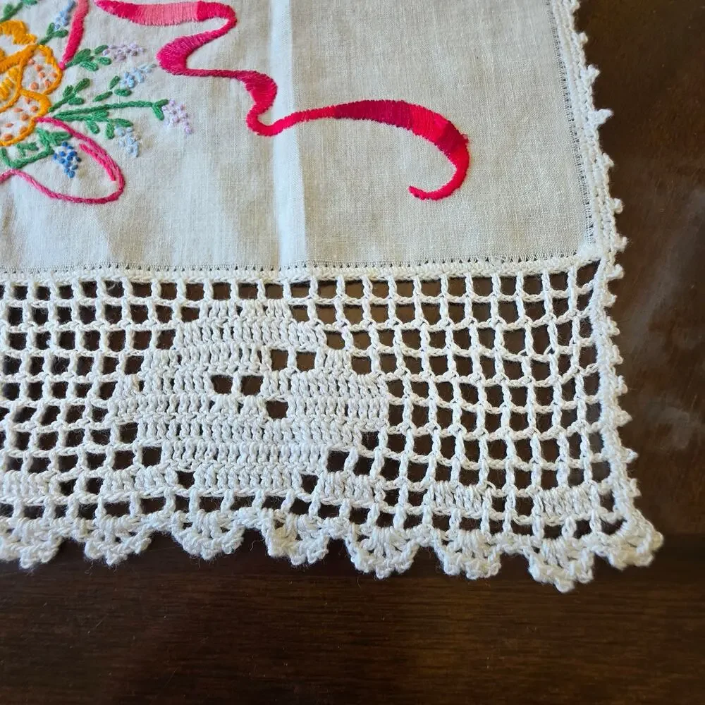 Vintage Floral Basket Embroidered Dresser Scarf Linen Runner Double Sided 32